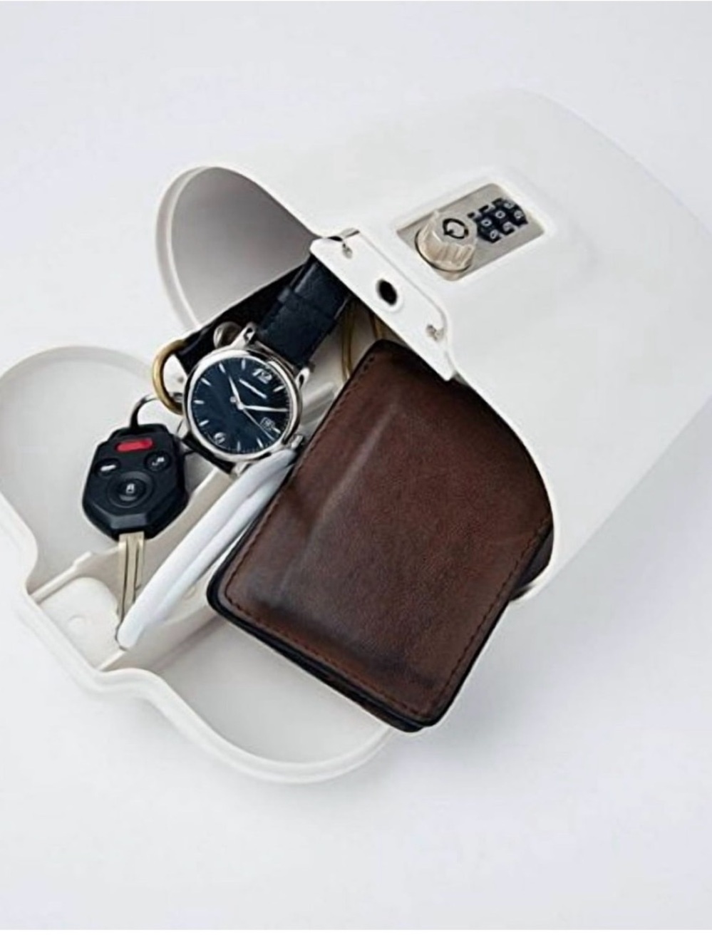 Safe go Compact White Locking Valet Box - Holds Wallet, Keys, Watch